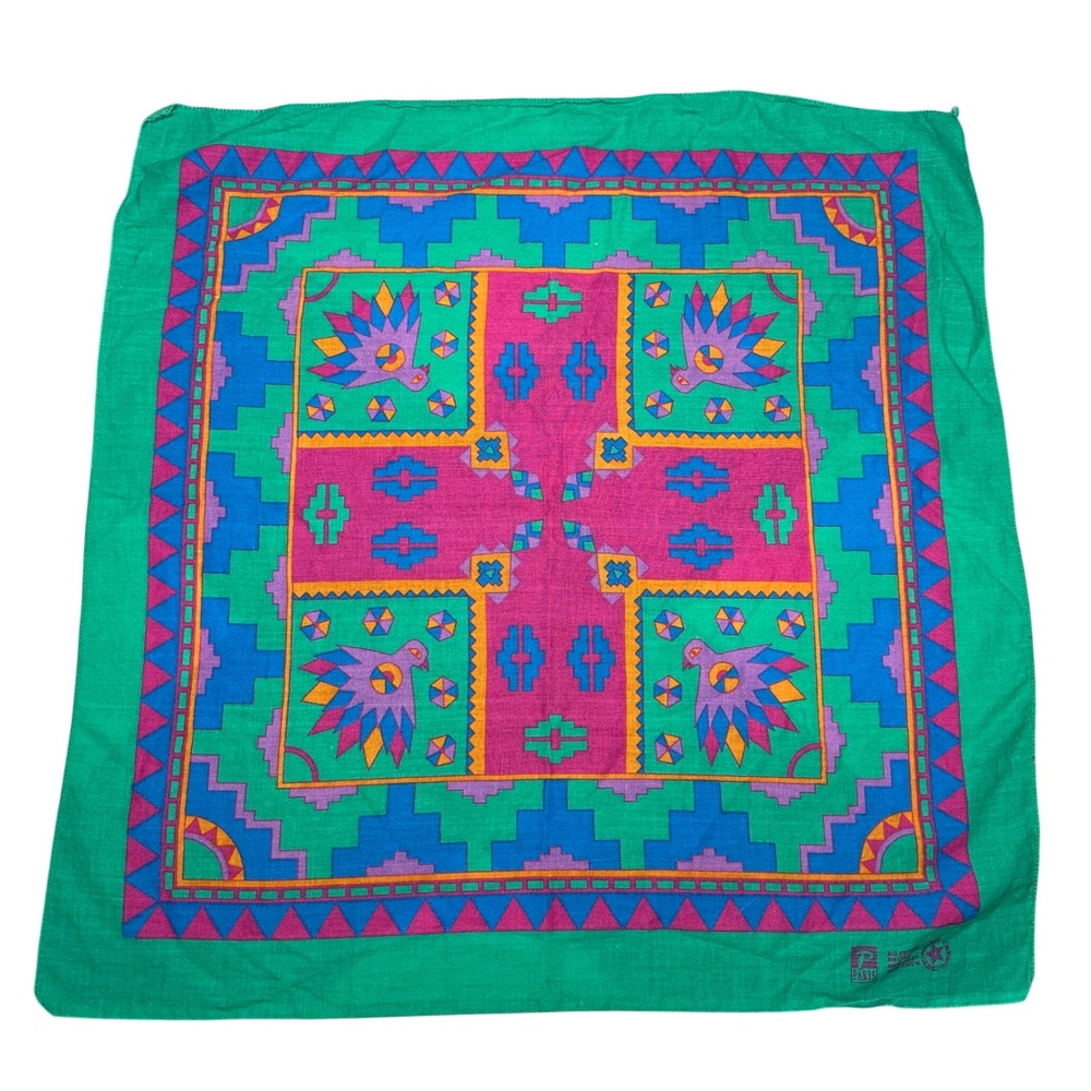VTG Paris Accessories Bandana Cotton Aztec Southwestern Bird Geometric USA Teal